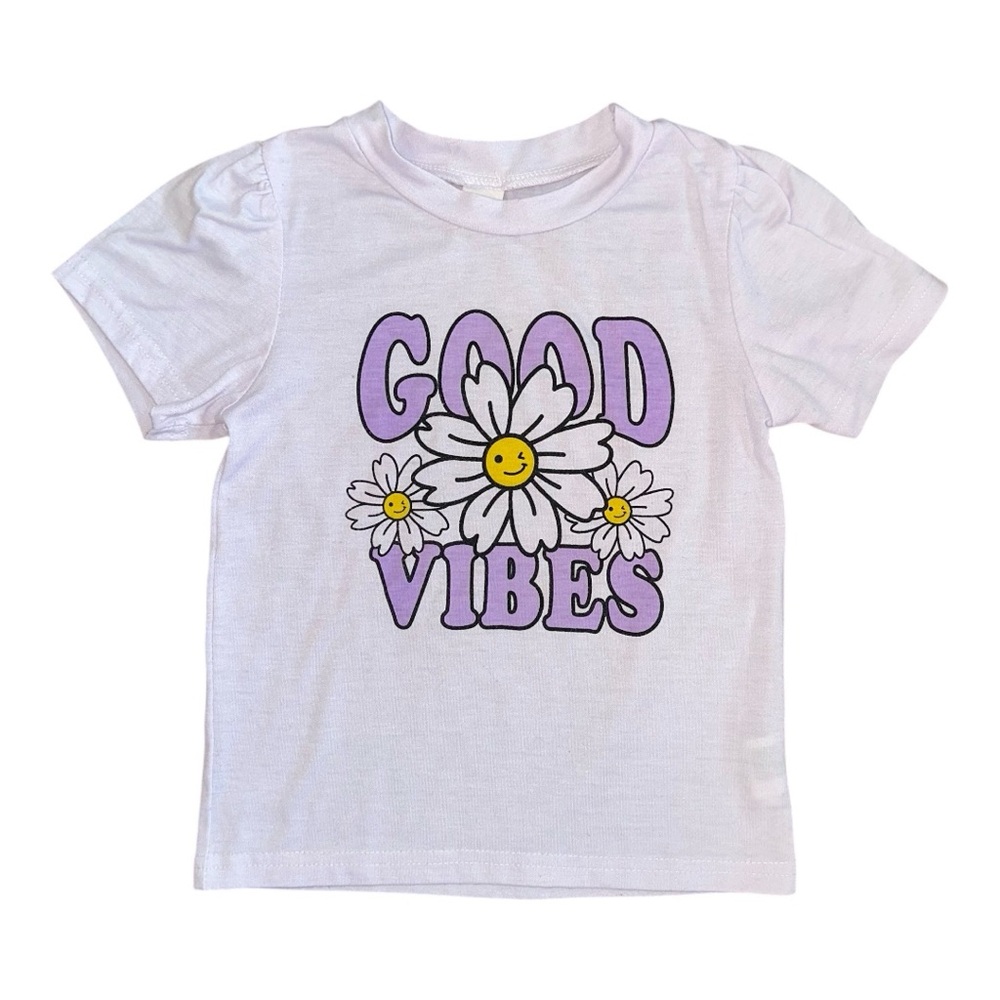 Lavender Purple Short Sleeve Good Vibes TShirt w White Flowers, Toddler Size 5Y
